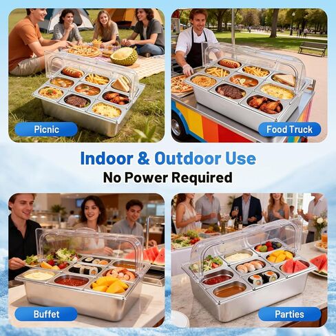 Ice Cooled Condiment Serving Container 9 Pans ×1Qt with Ice Packs for Salad Pizza Sauce Cold Food Buffet Server for Parties in Saudi Arabia
