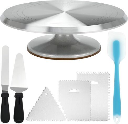 حامل كعك دوار مقاس 12 بوصة، أدوات تزيين الكيك الدوارة المصنوعة من الألومنيوم مع ملعقة تزيين الكيك، قطاعة الكيك، ملعقة سيليكون، مكشطة (7 قطع) in Kuwait