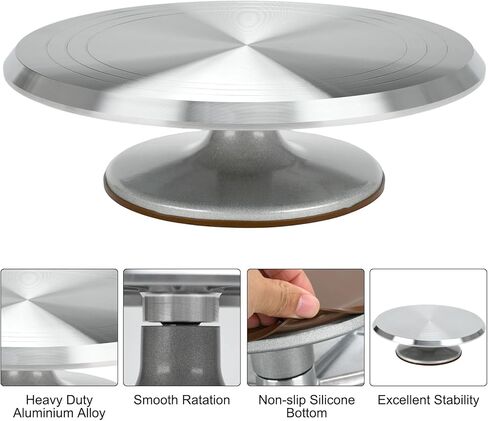 حامل كعك دوار مقاس 12 بوصة، أدوات تزيين الكيك الدوارة المصنوعة من الألومنيوم مع ملعقة تزيين الكيك، قطاعة الكيك، ملعقة سيليكون، مكشطة (7 قطع) in Kuwait