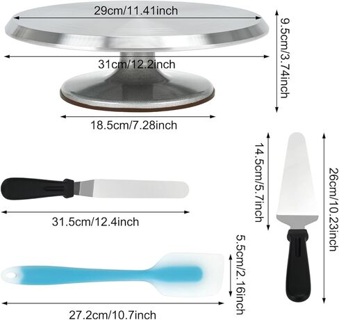 حامل كعك دوار مقاس 12 بوصة، أدوات تزيين الكيك الدوارة المصنوعة من الألومنيوم مع ملعقة تزيين الكيك، قطاعة الكيك، ملعقة سيليكون، مكشطة (7 قطع) in Kuwait