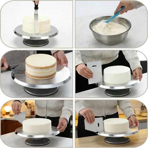 حامل كعك دوار مقاس 12 بوصة، أدوات تزيين الكيك الدوارة المصنوعة من الألومنيوم مع ملعقة تزيين الكيك، قطاعة الكيك، ملعقة سيليكون، مكشطة (7 قطع) in Kuwait