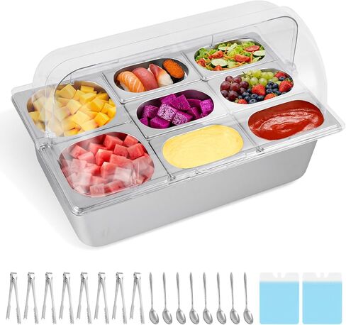 Ice Cooled Condiment Serving Container 9 Pans ×1Qt with Ice Packs for Salad Pizza Sauce Cold Food Buffet Server for Parties in Kuwait