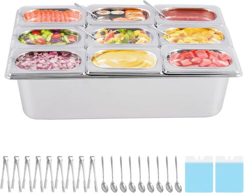 Ice Cooled Condiment Serving Container 9 Pans ×1Qt with Ice Packs for Salad Pizza Sauce Cold Food Buffet Server for Parties in Saudi Arabia