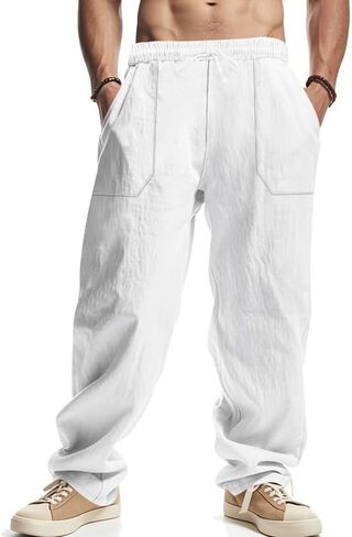 Mens Linen Pants Hippie Casual Lightweight Loose Drawstring Elastic Waist Cotton Linen Beach Yoga Trouser White in Saudi Arabia