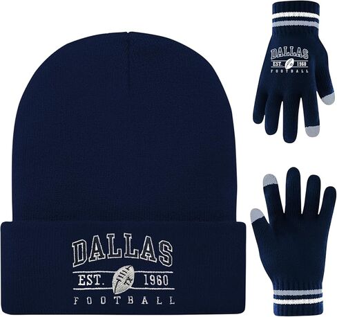 Winter Embroidered Soft Beanie Football Knit Hat With Warm Touch Screen Gloves - Game Day Gifts For Men Women And Fans in Saudi Arabia