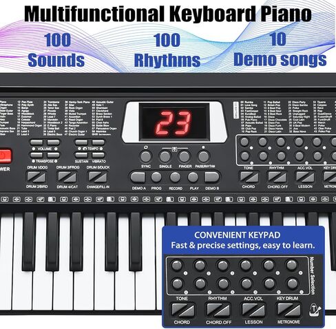 61 Key Keyboard Piano, Portable Electronic Keyboard Piano for Beginners with Speakers, Microphone, Sheet Music Stand, 100 Voices, 100 Rhythms, Digital Music Keyboard for Teen - Black in Kuwait
