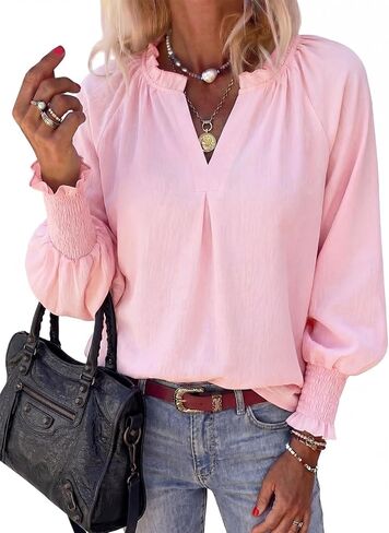 HEYTALALA Womens V Neck Long Sleeve Tops 2025 Fall Casual Loose Puff Sleeve Boho Work Blouse Dressy T Shirts in Kuwait