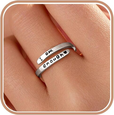 I am Enough Rings for Women, 925 Sterling Silver Inspirational Mantra Statement Open Ring for Men 14k Gold Plated Faith Over Fear Wrap Encouragement Adjustable Ring to Daughter Wedding Birthday Jewelry Gift in Saudi Arabia