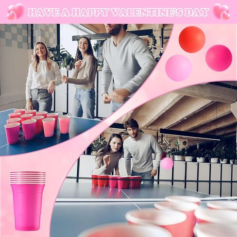 28 Packs Valentine's Day Cup Pong Game Set Includes 22 Pcs 16 Oz Red Pink Cups and 6 Pcs Balls Valentines Party Games for Adults, Party Supplies for Galentines, Birthday, BBQ, Outdoor Toss Games in Saudi Arabia