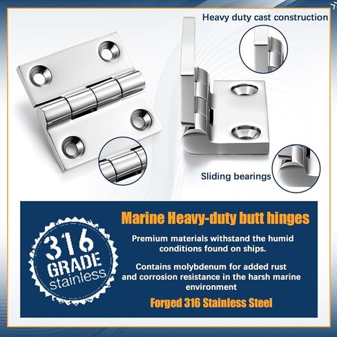 BBTO 6 Pack 316 Stainless Steel Boat Hinges with Screws, Marine Grade 2" x 2" Heavy Duty Rust-Proof Quiet-Open Casting Door Cabinet Hatch Hinges for Boat, Yacht, Outdoor, Home Use in Saudi Arabia