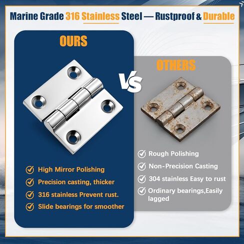 BBTO 6 Pack 316 Stainless Steel Boat Hinges with Screws, Marine Grade 2" x 2" Heavy Duty Rust-Proof Quiet-Open Casting Door Cabinet Hatch Hinges for Boat, Yacht, Outdoor, Home Use in Saudi Arabia