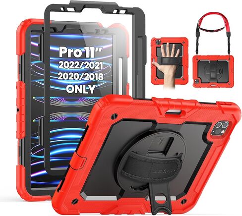 SEYMAC Case for iPad Pro 11 Case 4th/ 3rd/ 2nd/ 1st Gen (2022/2021/2020/2018), Full-Body Shockproof Protective Case with Screen Protector, 360° Rotating Stand and Hand/Shoulder Strap, Black in Kuwait