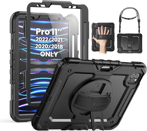 SEYMAC Case for iPad Pro 11 Case 4th/ 3rd/ 2nd/ 1st Gen (2022/2021/2020/2018), Full-Body Shockproof Protective Case with Screen Protector, 360° Rotating Stand and Hand/Shoulder Strap, Black in Kuwait