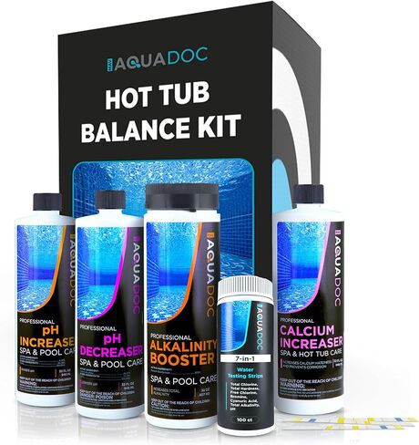 مجموعة AquaDoc لتوازن مياه حوض الاستحمام الساخن مع زيادة الرقم الهيدروجيني، وتقليل الرقم الهيدروجيني، وزيادة القلوية والكالسيوم، و100 شريط اختبار - مجموعة أدوات كيماويات حوض الاستحمام الساخن المتوافقة مع الكلور والبروم - صنع في الولايات المتحدة الأمريكية in Kuwait