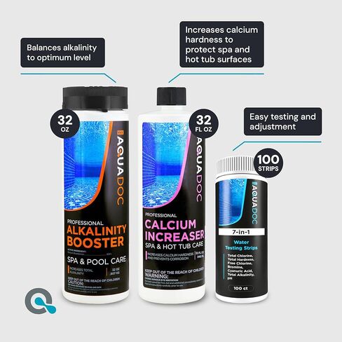 مجموعة AquaDoc لتوازن مياه حوض الاستحمام الساخن مع زيادة الرقم الهيدروجيني، وتقليل الرقم الهيدروجيني، وزيادة القلوية والكالسيوم، و100 شريط اختبار - مجموعة أدوات كيماويات حوض الاستحمام الساخن المتوافقة مع الكلور والبروم - صنع في الولايات المتحدة الأمريكية in Kuwait