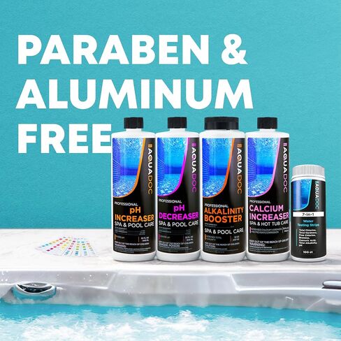مجموعة AquaDoc لتوازن مياه حوض الاستحمام الساخن مع زيادة الرقم الهيدروجيني، وتقليل الرقم الهيدروجيني، وزيادة القلوية والكالسيوم، و100 شريط اختبار - مجموعة أدوات كيماويات حوض الاستحمام الساخن المتوافقة مع الكلور والبروم - صنع في الولايات المتحدة الأمريكية in Kuwait
