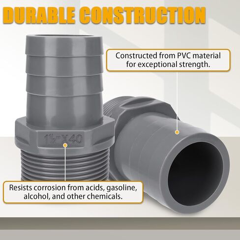 2 حزمة من تركيبات الأنابيب البلاستيكية من سلسلة 1436، محول ذكر شائك 1-1/2 بوصة × NPT، رمادي، جدول 40 in Kuwait