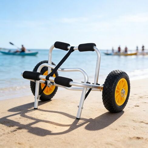 Silver Plug Pin Aluminum Alloy Canoeing Trailer Cart - 150lbs Capacity Foldable Kayak Carrier for Transport, Heavy Duty Dolly for Canoe & SUP Paddleboard, 10" x 3" Solid PU Wheels Roll Smooth on Sand in Saudi Arabia