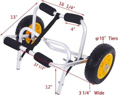 Silver Plug Pin Aluminum Alloy Canoeing Trailer Cart - 150lbs Capacity Foldable Kayak Carrier for Transport, Heavy Duty Dolly for Canoe & SUP Paddleboard, 10" x 3" Solid PU Wheels Roll Smooth on Sand in Saudi Arabia