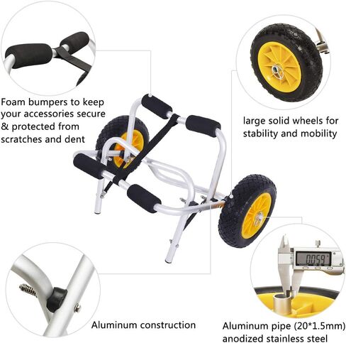 Silver Plug Pin Aluminum Alloy Canoeing Trailer Cart - 150lbs Capacity Foldable Kayak Carrier for Transport, Heavy Duty Dolly for Canoe & SUP Paddleboard, 10" x 3" Solid PU Wheels Roll Smooth on Sand in Saudi Arabia
