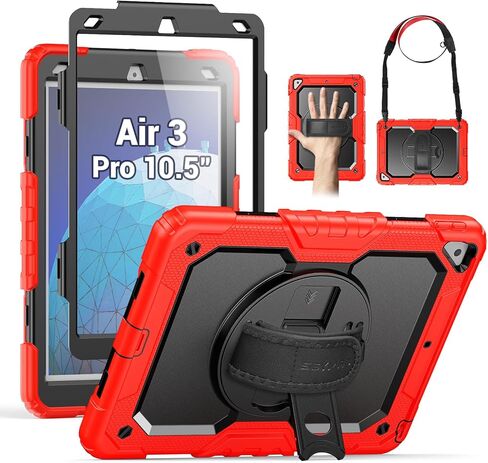 SEYMAC for iPad Air 3 Case 10.5'' for iPad Pro 10.5 Case, Heavy Duty Full-Body Shockproof Protective Case with Screen Protector, 360° Rotating Stand, Hand/Shoulder Strap for iPad Air 3rd Gen, Black in Kuwait