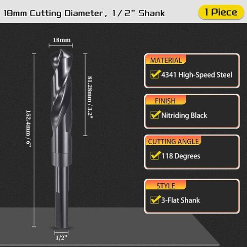 Drill Bit, 18mm Cutting Diameter, 1/2" Reduced Shank 3-Flat 4341 HSS Nitriding Black 118° Cutting Angle Bits - (Applications: for Plastic Wood) in Kuwait