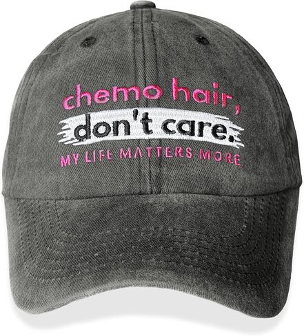 Fight Like a Girl Chemo Hair Don't Care Embroidered Baseball Cap for Cancer Awareness - Washed Black, Pink in Kuwait