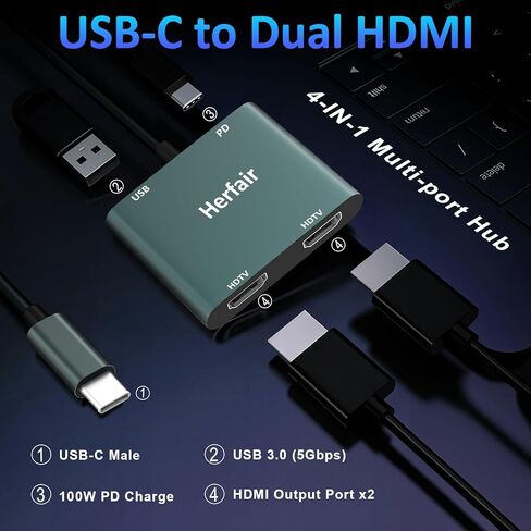 USB C to HDMI Adapter for iPhone 15 to HDTV [4K UHD] Type-C Male to HDMI Female Converter (Thunderbolt 3/4 Compatible) for MacBook Pro/Air, iPad Pro, iPhone 15, XPS, Pixelbook, Surface, More in Kuwait
