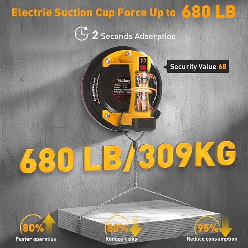 أداة رفع أكواب شفط البلاط الكهربائية للزجاج 8 بوصات شديدة التحمل ببطارية 680 رطلًا تعمل ببطاريات 4X 2400 مللي أمبير في الساعة، مضخة بدء تلقائي، لرفع الزجاج الكبير والبلاط والجرانيت والمعادن والأرضيات in Kuwait