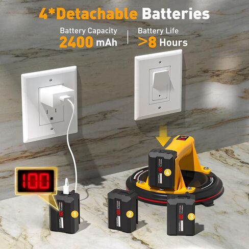 أداة رفع أكواب شفط البلاط الكهربائية للزجاج 8 بوصات شديدة التحمل ببطارية 680 رطلًا تعمل ببطاريات 4X 2400 مللي أمبير في الساعة، مضخة بدء تلقائي، لرفع الزجاج الكبير والبلاط والجرانيت والمعادن والأرضيات in Kuwait