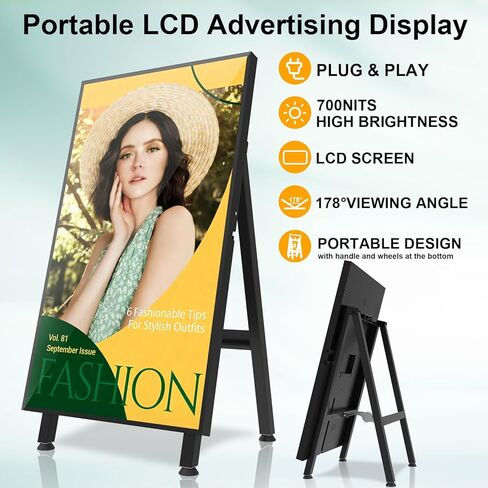 شاشة عرض رقمية مقاس 32 بوصة، لافتات رقمية محمولة 700 شمعة في المتر المربع، شاشة إعلانات LCD، التوصيل والتشغيل، CMS، تشغيل 24/7، شاشة مقسمة، HDMI/USB/WiFi/Android مع مشغل وسائط تلقائي للمطعم in Saudi Arabia