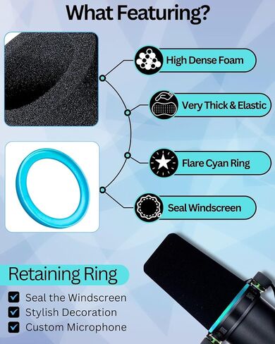 SM7b Foam Cover for Shuer SM7B, MV7 POP Filter RK345 Replacement, Windscreen with Colored Retaining O-Ring Identified Seat (Cyan) in Kuwait