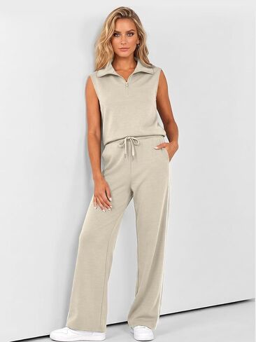 Casly Lamiit Two Piece Sets for Women 2026 Summer Half Zip Sleeveless Tank Top Wide Leg Striped Pants Sweatsuits in Saudi Arabia