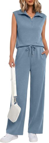 Casly Lamiit Two Piece Sets for Women 2026 Summer Half Zip Sleeveless Tank Top Wide Leg Striped Pants Sweatsuits in Saudi Arabia