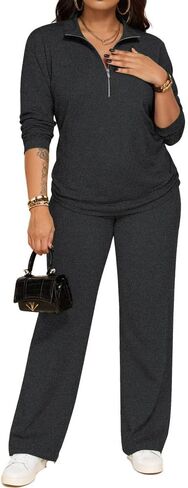 PINSV Women's 2 Piece Outfits Sweatsuit Lapel Half Zip Sweatshirts Wide Leg Pants Set Tracksuit in Saudi Arabia