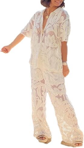 ملابس العطلة، قميص دانتيل بأزرار سفلية مع سروال واسع الساق، طقم كروشيه مكون من قطعتين للسيدات in Kuwait