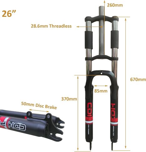 CDHPOWER 26"/29" Bicycle Suspension Fork, Double Shoulder, Triple Tree, 1-1/8" Threadless, 28.6mm Straight Tube, Black, Disc Brake (26") in Saudi Arabia