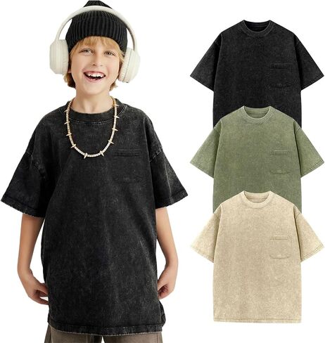 Yimoon Boys Girls Cotton Thirts Kids Exclude Scenteries Acid Wash Tee Tee Fit Fit Fit Short Summer Summer Basic Tops 5-12y in Saudi Arabia