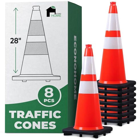 EconoHome 28-Inch Tall, 8-Pack Reflective Traffic Cones - 5.3 lbs Weighted Orange Safety Cones for Parking Lot, Traffic Control, Construction, Road Safety - Heavy Duty Square Base, Flexible PVC in Kuwait