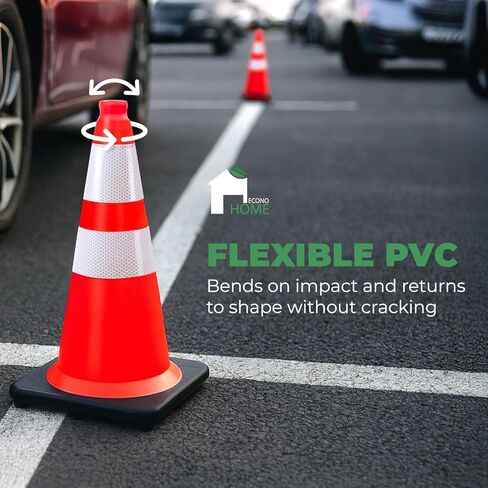 EconoHome 28-Inch Tall, 8-Pack Reflective Traffic Cones - 5.3 lbs Weighted Orange Safety Cones for Parking Lot, Traffic Control, Construction, Road Safety - Heavy Duty Square Base, Flexible PVC in Kuwait