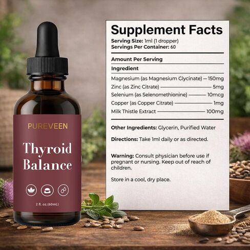 Pureveen Thyroid Balance، قطرات دعم الغدة الدرقية للنساء، مكمل سائل مع شوك الحليب، السيلينيوم، الزنك، المغنيسيوم، الصحة اليومية ودعم الطاقة، 60 مل in Saudi Arabia