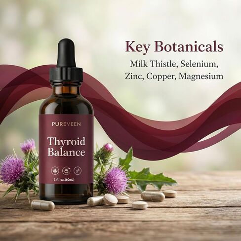 Pureveen Thyroid Balance، قطرات دعم الغدة الدرقية للنساء، مكمل سائل مع شوك الحليب، السيلينيوم، الزنك، المغنيسيوم، الصحة اليومية ودعم الطاقة، 60 مل in Saudi Arabia
