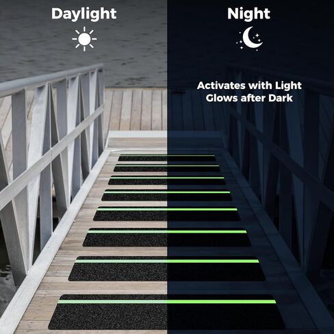 10 Pack 6" x 30" Anti Slip Traction Treads with Glow in The Dark Stripe, Outdoor Waterproof Non Skid Pre-Cut Tape with Roller, High Traction Friction Abrasive Adhesive for Stairs Step in Kuwait