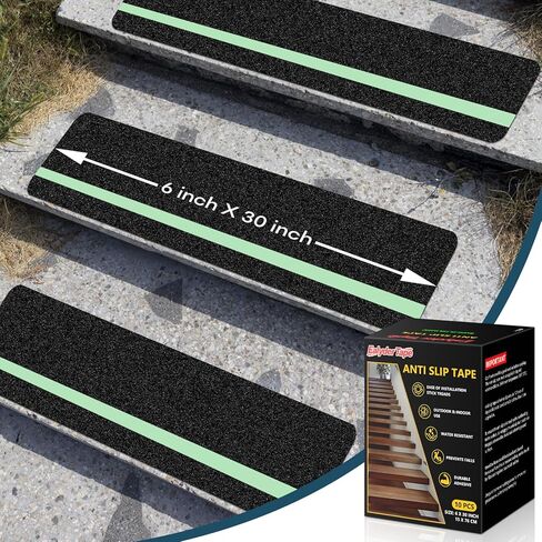 10 Pack 6" x 30" Anti Slip Traction Treads with Glow in The Dark Stripe, Outdoor Waterproof Non Skid Pre-Cut Tape with Roller, High Traction Friction Abrasive Adhesive for Stairs Step in Kuwait