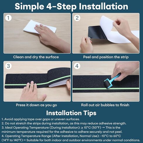 10 Pack 6" x 30" Anti Slip Traction Treads with Glow in The Dark Stripe, Outdoor Waterproof Non Skid Pre-Cut Tape with Roller, High Traction Friction Abrasive Adhesive for Stairs Step in Kuwait