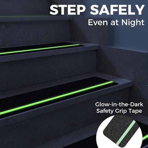 10 Pack 6" x 30" Anti Slip Traction Treads with Glow in The Dark Stripe, Outdoor Waterproof Non Skid Pre-Cut Tape with Roller, High Traction Friction Abrasive Adhesive for Stairs Step in Kuwait