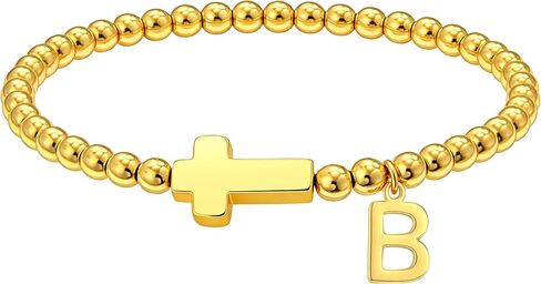 Gold Initial Bracelets for Women Girls - 18K Gold Plated Cross Initial Bracelet Dainty Beaded Bracelet Gold Bracelets for Women Teen Girl Gifts in Kuwait