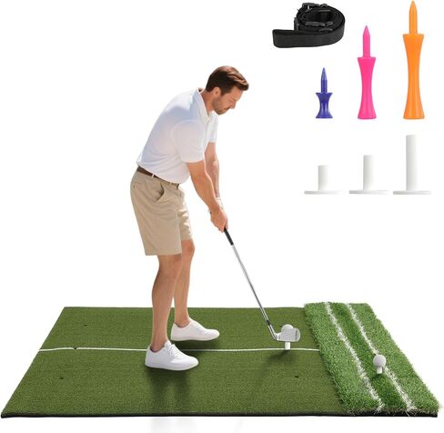 Real Feel Golf Hitting Mat, Large Double Turf(5x4ft), Golf Indoor and Outdoor Practice Mat with Sight Line and Approach Angle Aid, for Swing, Chipping, Putting in Kuwait