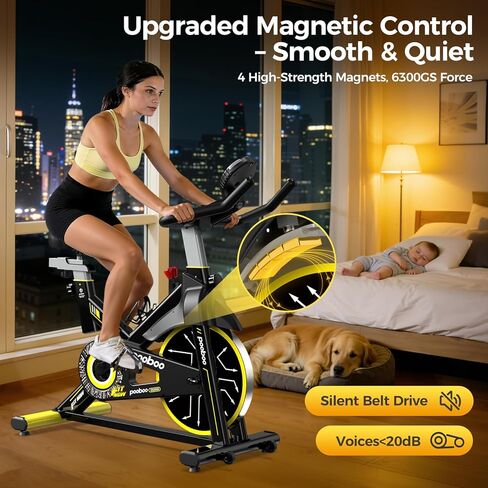 POOBOO Magnetic Exercise Bike, Quiet Stationary Bike with APP and 350lbs Weight Capacity, Indoor Cycling Bike with LCD Monitor and Tablet Holder, Heavy Duty Workout Bike for Home Gym Weight Loss in Kuwait