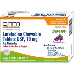 Ohm Loratadine 10mg, Chewable Tablets, Non-Drowsy Antihistamine for Indoor & Outdoor Allergies | Grape Flavor, Dye-Free, Allergy Relief (Large, 48, Count) in Kuwait